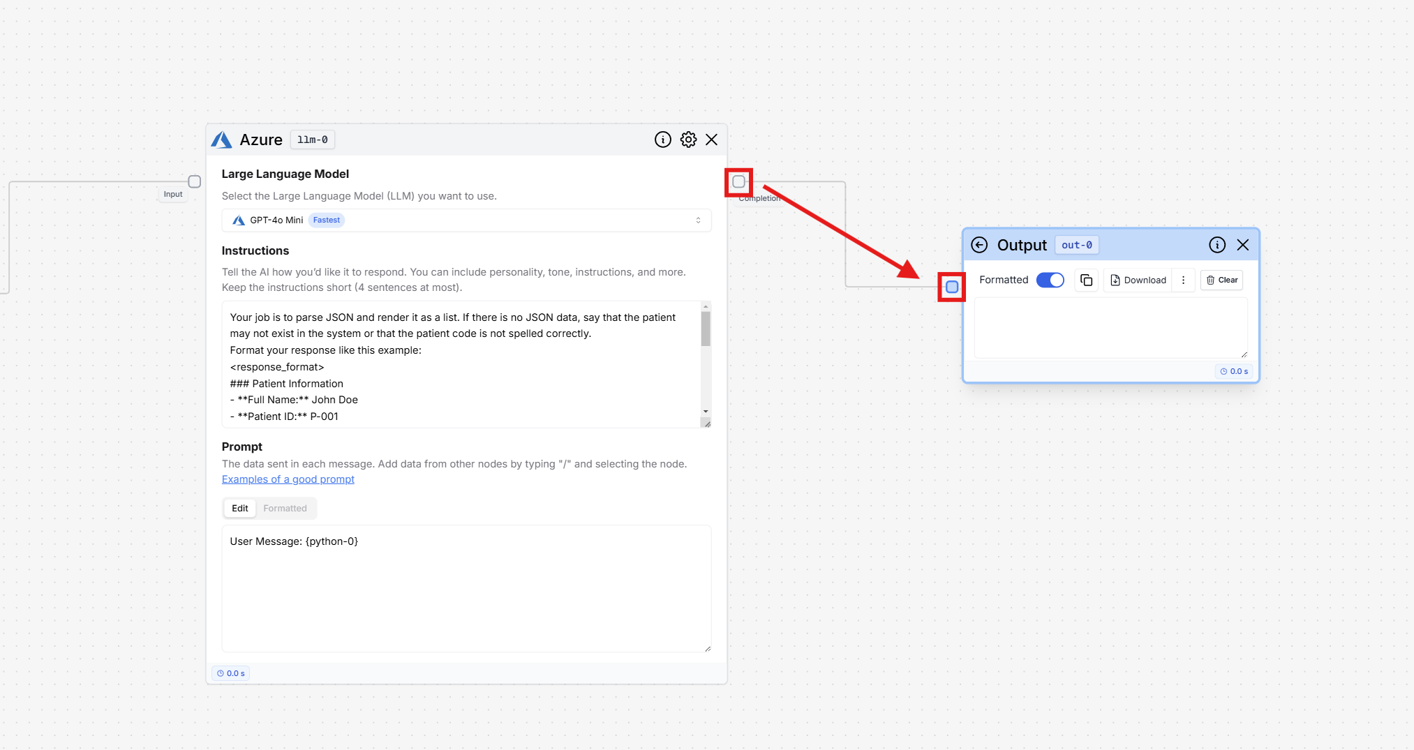 Connect Azure LLM to
Output