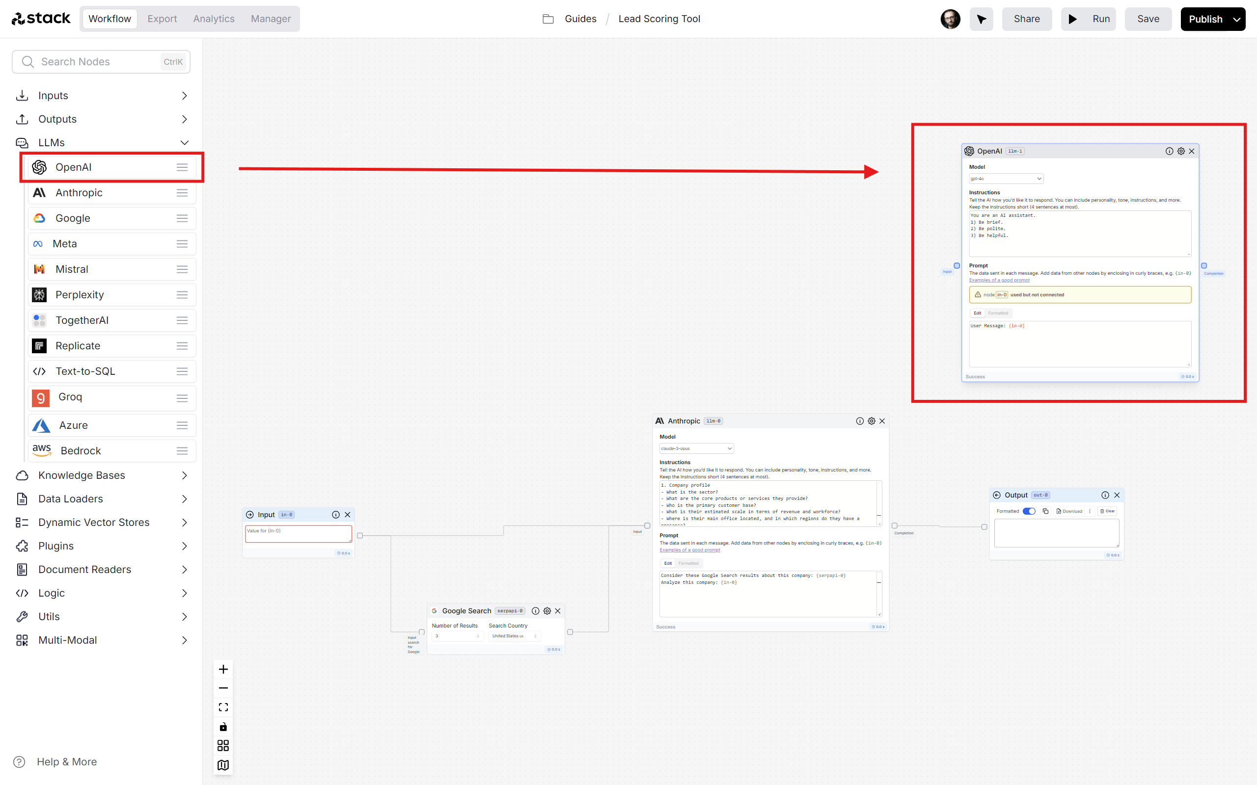 Drag and drop open ai llm onto
canvas